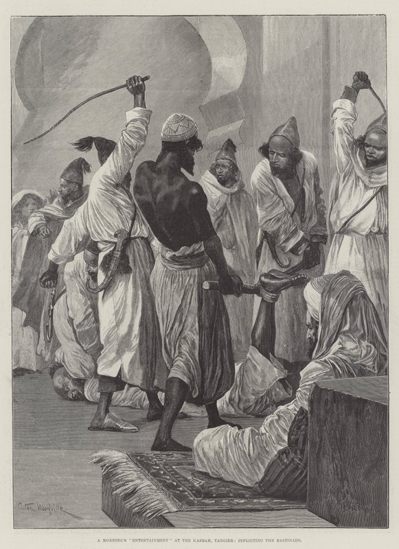 Entretenimiento matutino en la Kasbah, Tánger, infligiendo el bastinado de Richard Caton Woodville junior