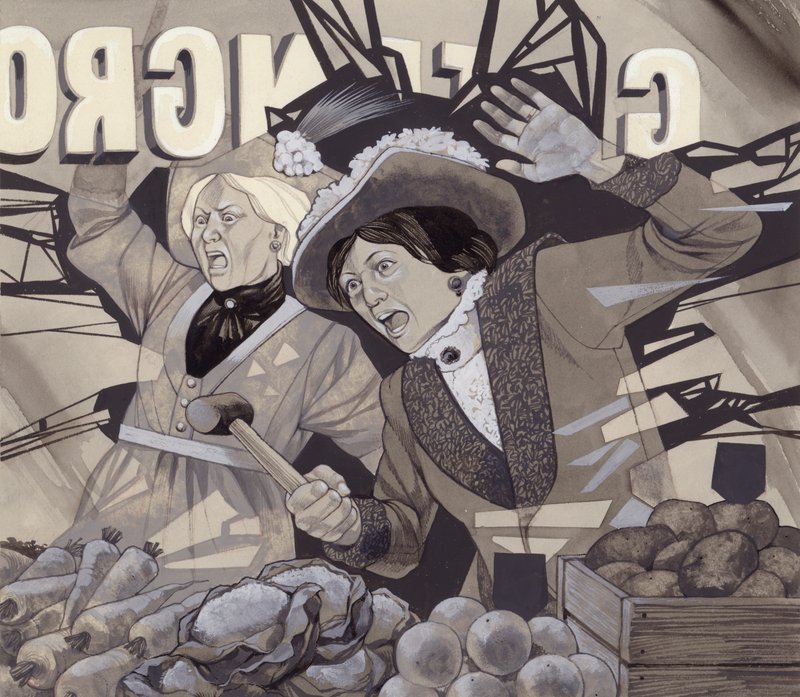 Sufragistas rompiendo ventanas (gouache sobre papel) de Richard Hook