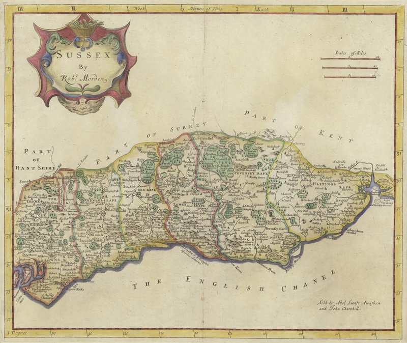 Mapa de Sussex (grabado en color) de Robert Morden