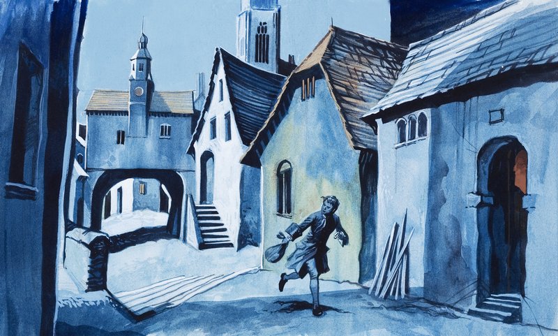 Niño corriendo por una ciudad de Ron Embleton