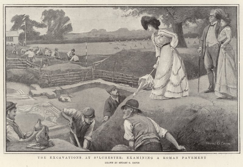 Las excavaciones en Silchester, examinando un pavimento romano de Stuart G. Davis