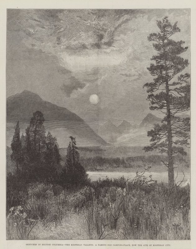 Bocetos en Columbia Británica, los Valles de Kootenay, un famoso antiguo lugar de acampada, ahora el sitio de Kootenay City de Thomas Moran