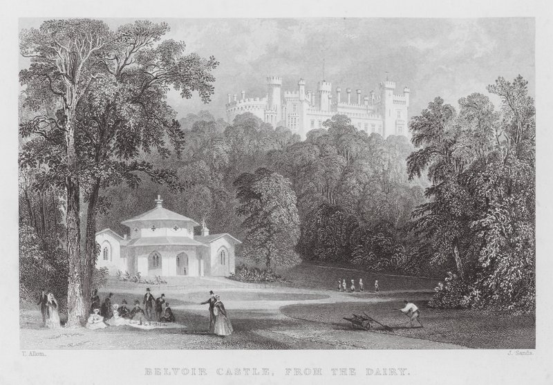 Castillo de Belvoir, desde la lechería de Thomas (after) Allom