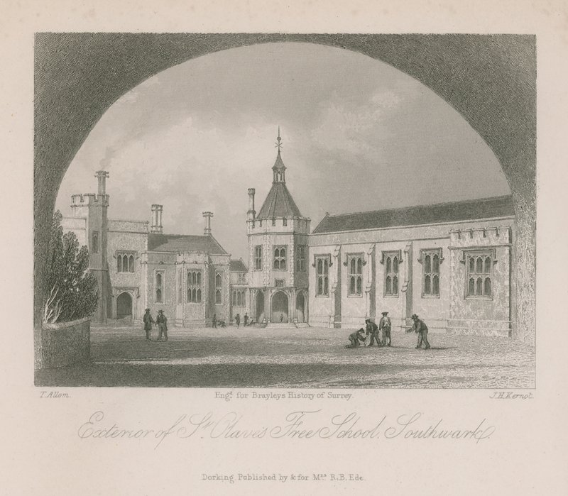 Exterior de la Escuela Libre de St Olave de Thomas Allom