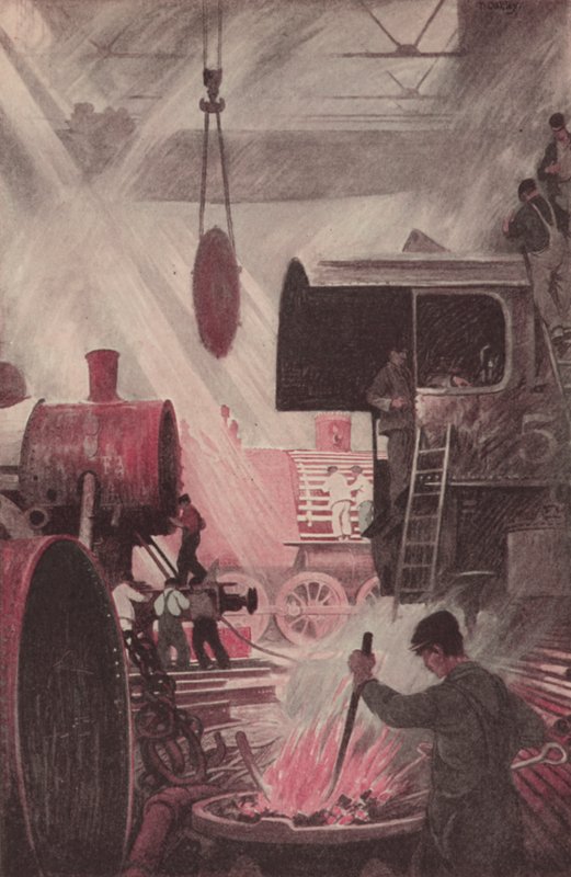 Construir una locomotora (litografía en color) de Thornton Oakley