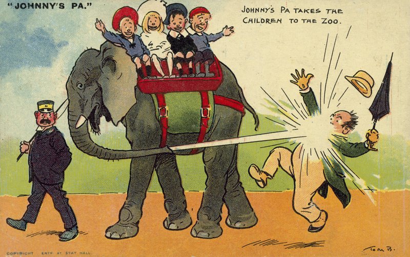 Niños y su padre en el zoológico de Tom Browne