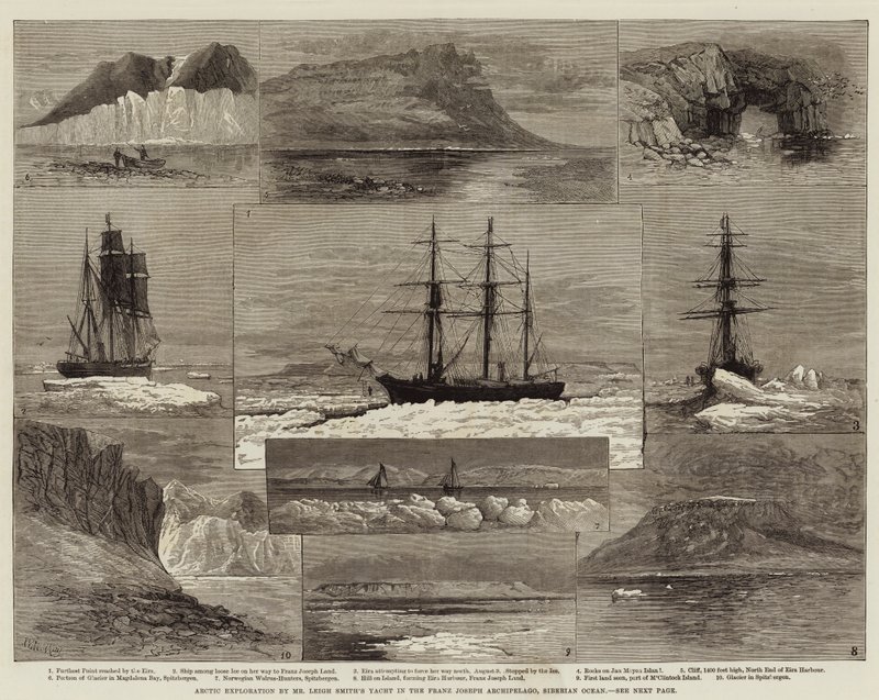 Exploración ártica por el yate del Sr. Leigh Smith en el archipiélago de Franz Joseph, océano siberiano de Walter William May