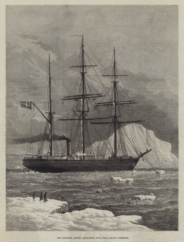 El barco explorador ártico sueco Vega entre icebergs de Walter William May