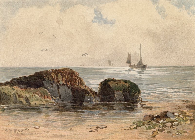 Rocas en aguas bajas (litografía en color) de Walter William May