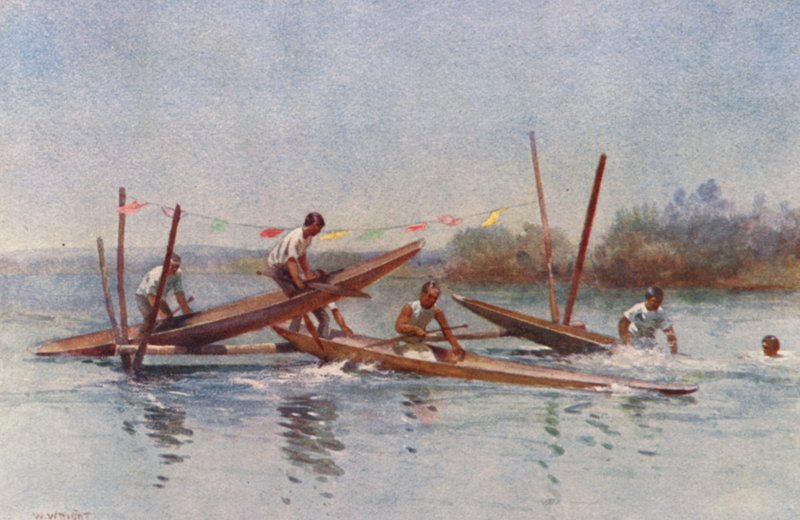 Nueva Zelanda: Canoe Hurdle Race (litografía en color) de Walter Wright