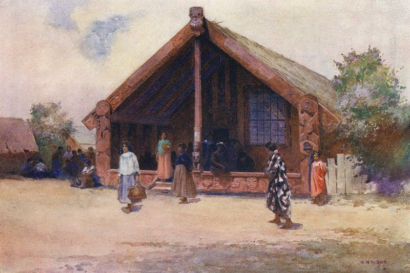 Nueva Zelanda: Carved House, Ohinemutu (litografía en color) de Walter Wright