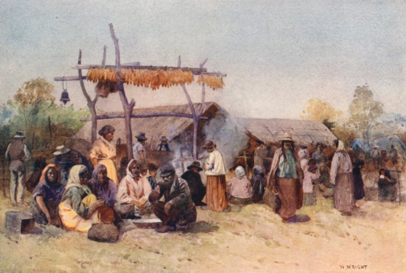 Nueva Zelanda: Native Gathering (litografía en color) de Walter Wright