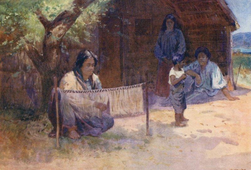 Nueva Zelanda: Tejiendo el Kaitaka (litografía en color) de Walter Wright