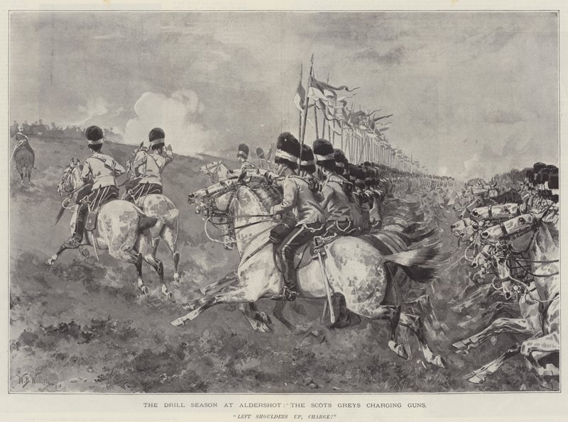 La temporada de ejercicios en Aldershot, los Scots Greys cargando cañones de William Barnes Wollen