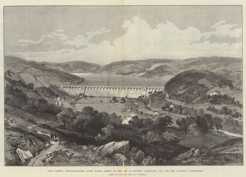 Lago Vyrnwy, Montgomeryshire, Gales del Norte, formado por la presa de mampostería construida para las nuevas obras hidráulicas de Liverpool de William Crimea Simpson