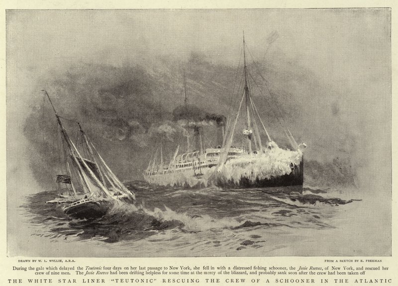 El transatlántico White Star Teutonic rescatando a la tripulación de una goleta en el Atlántico de William Lionel Wyllie