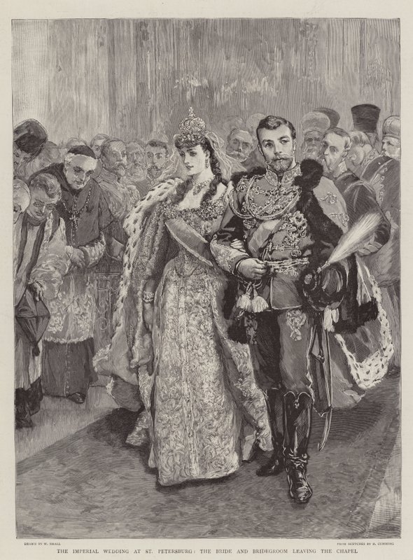 La boda imperial en San Petersburgo, la novia y el novio saliendo de la capilla de William Small
