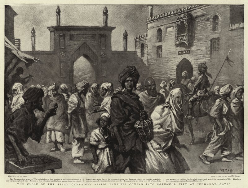 El cierre de la Campaña de Tirah, Familias Afridi entrando en la Ciudad de Peshawar en la Puerta de Edward de William T. Maud