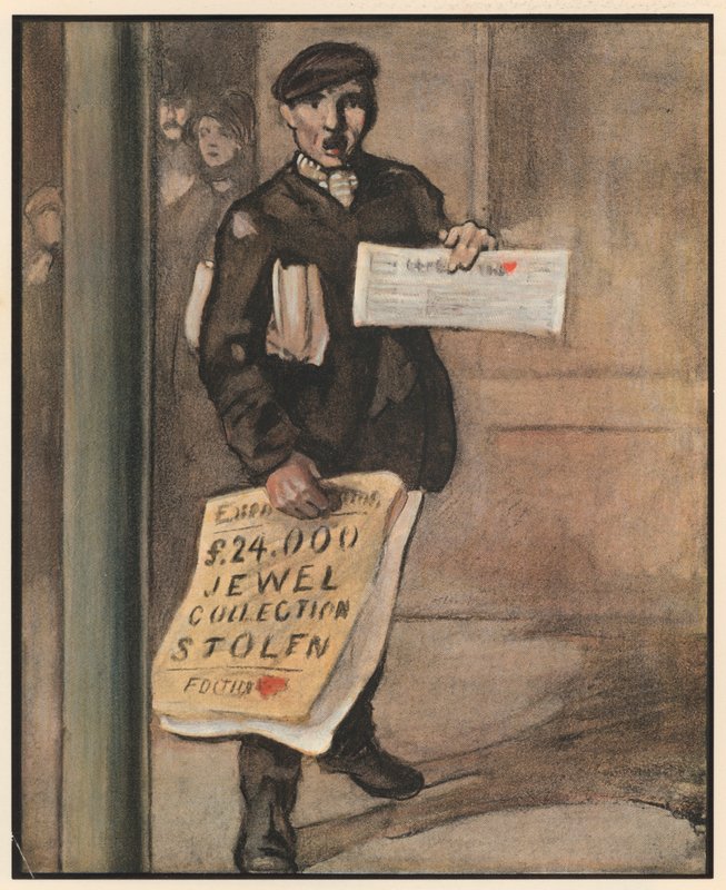 The Newsboy, "Extry Speshul" (litografía en color) de William Dacres Adams
