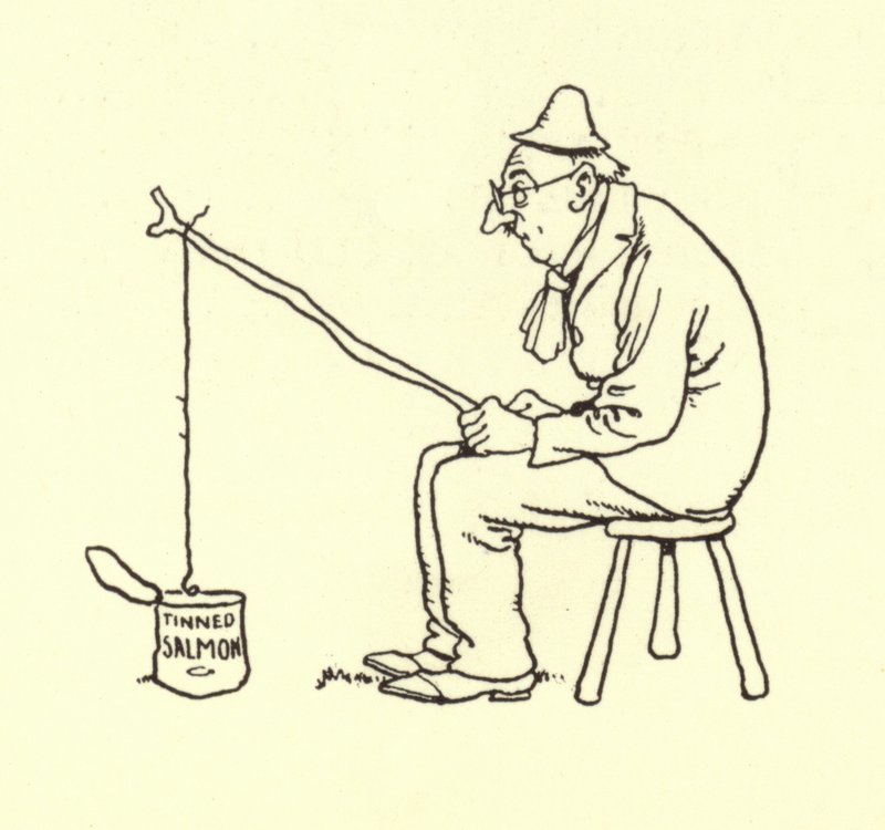 Hombre pescando salmón enlatado de William Heath Robinson