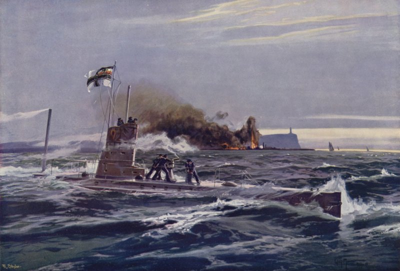 Submarino alemán destruyendo tanques de almacenamiento en una refinería de petróleo británica en la costa de Irlanda de Willy Moralt