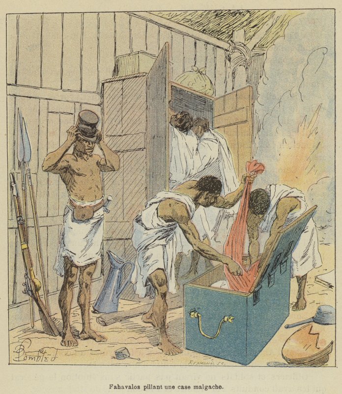 Fahavalos saqueando una casa malgache de after Louis Charles Bombled